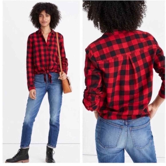 Madewell Tie Front Shirt Sasha Red/Black Buffalo Check Women’s Size Small - Picture 1 of 6
